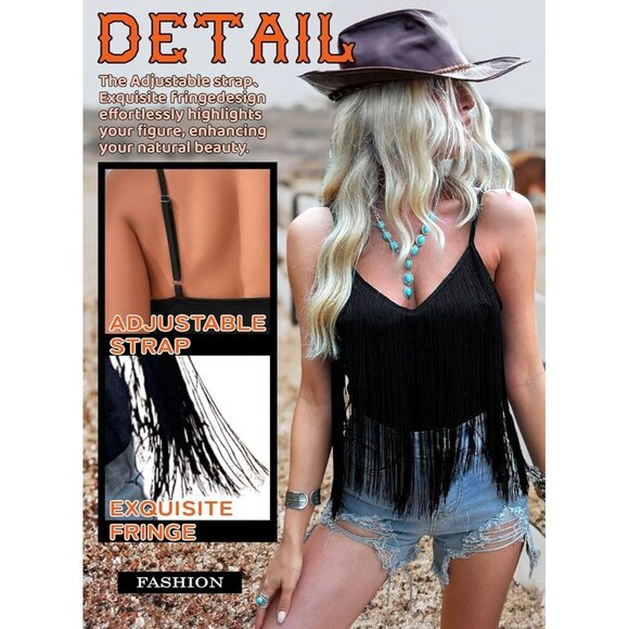 Women's Black Fringe Tank Top Western Festival Clothing Cowgirl V Neck Outfits - Picture 2 of 6
